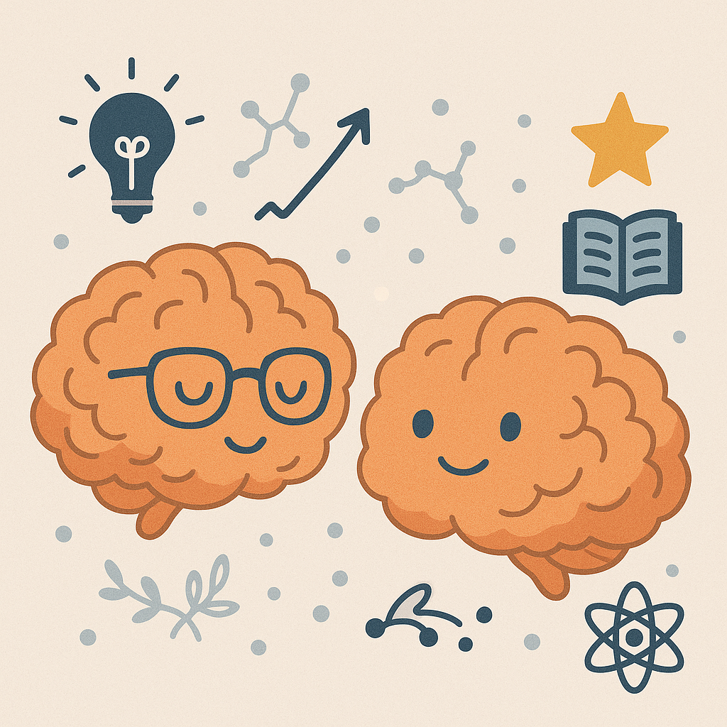 Cute brain characters with educational icons representing intelligence and learning